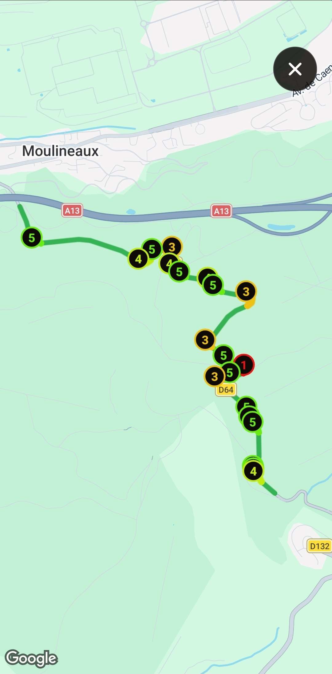 Carte plein écran avec pastilles de sévérité par virage
