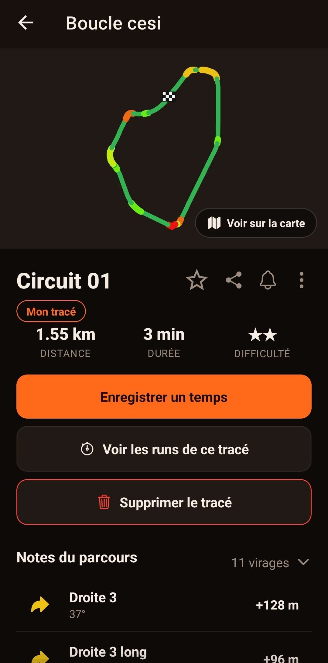 Détail d'un circuit avec drapeau à damier et notes de parcours