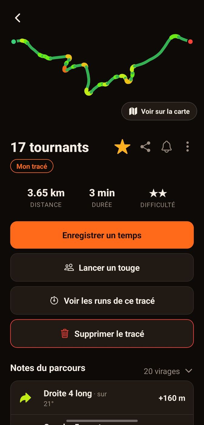 Fiche d'un tracé avec ses notes de parcours