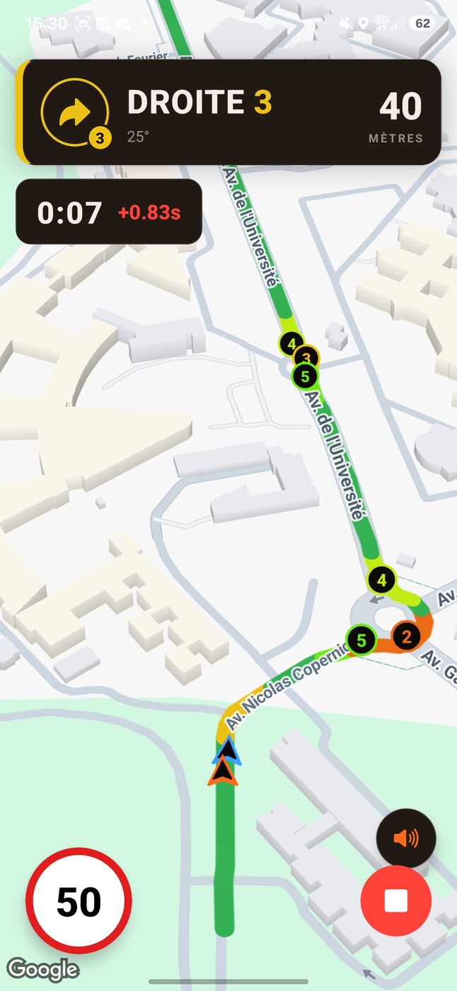 Run en direct : note de parcours « Droite 3 » à 40 mètres, chronomètre, fantôme et panneau de vitesse
