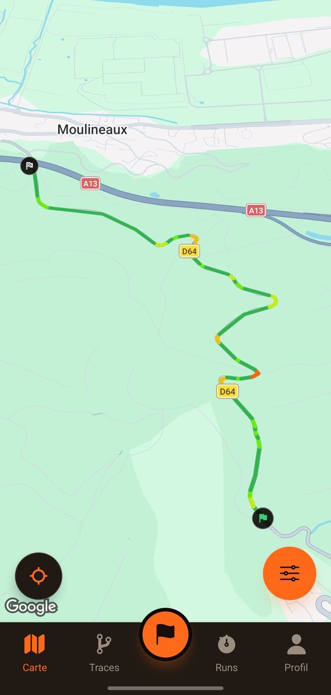Carte Tougapp : tracé coloré par la sévérité des virages sur une départementale