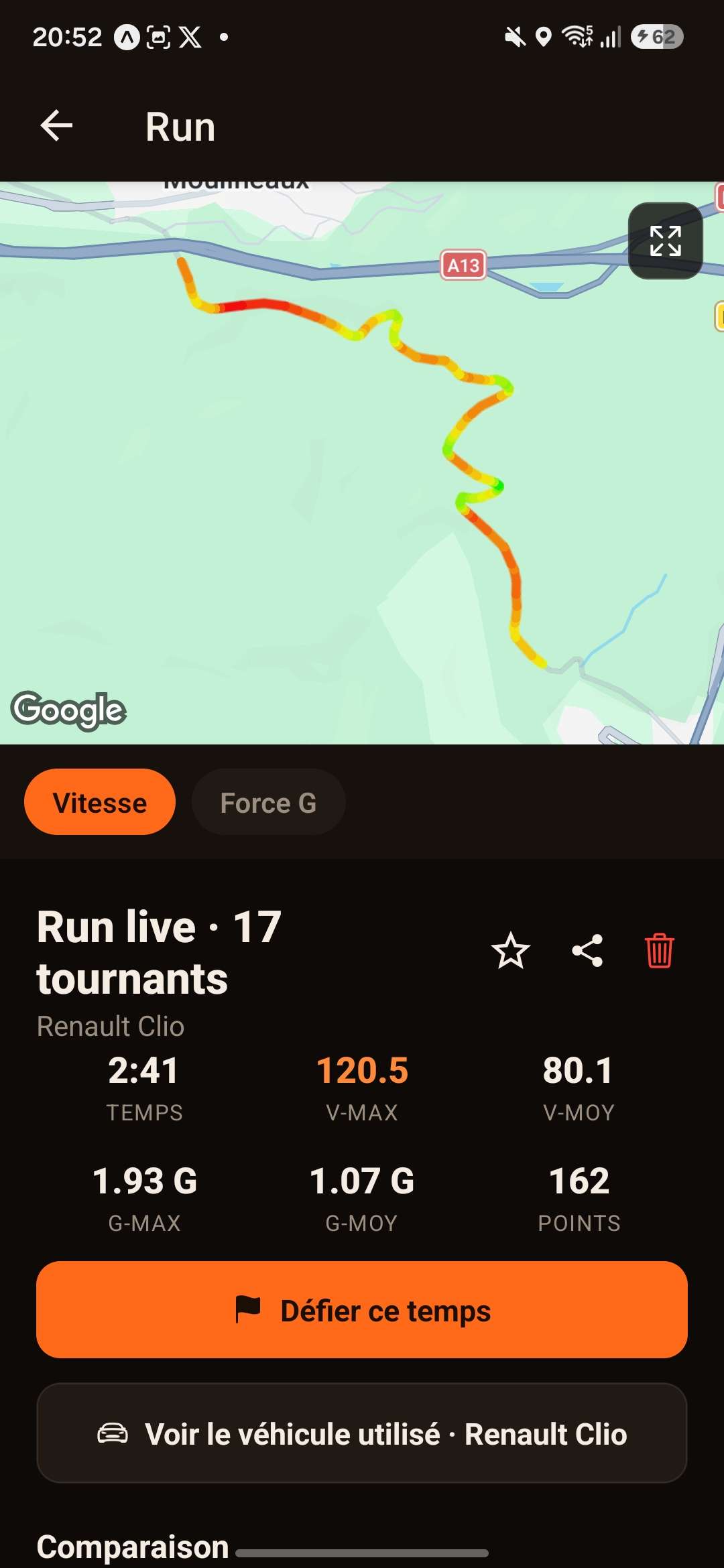 Détail d'un run : carte de télémétrie vitesse/force G et statistiques
